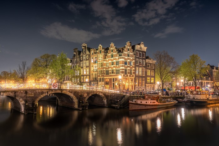 Amsterdam Canal Bridge and Houses at Night