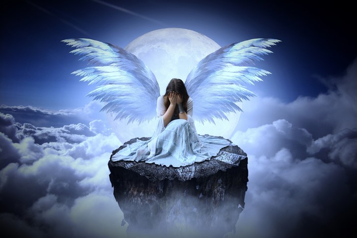 4K Sad Angel Sitting on Crag with Moon and Clouds