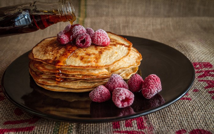 Pancakes with Raspberries and Maple Syrup