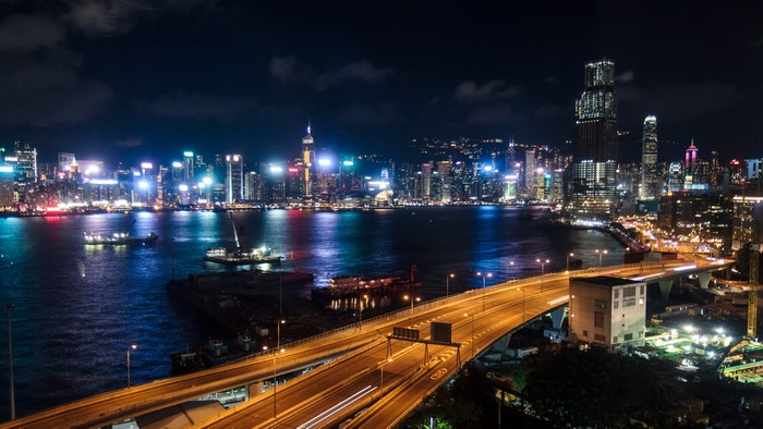 4K Night View of Hong Kong Bay Megapolis