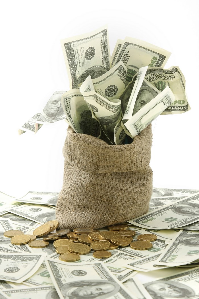 Bag of US Dollars and Coins