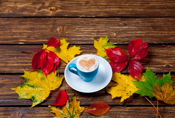 Coffee cup with heart on saucer surrounded by autumn foliage