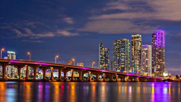 Miami Skyline and Bridge at Night