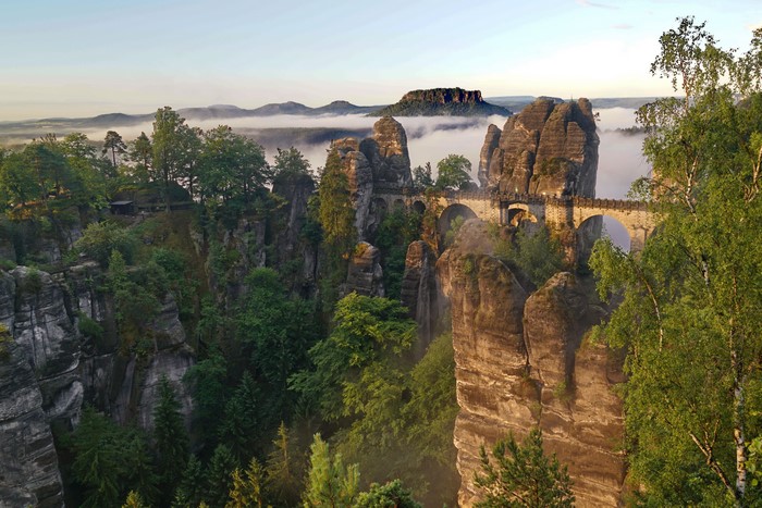 Bastei Cliffs Bridge in Saxon Switzerland with Fog