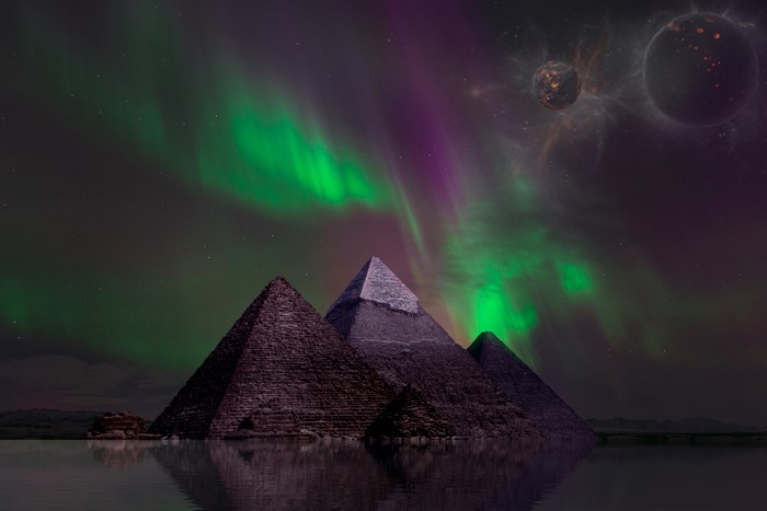 Pyramids under Aurora and Planets