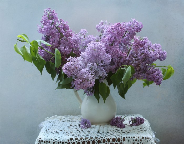 Bouquet of Lilacs in a White Vase on a Tablecloth