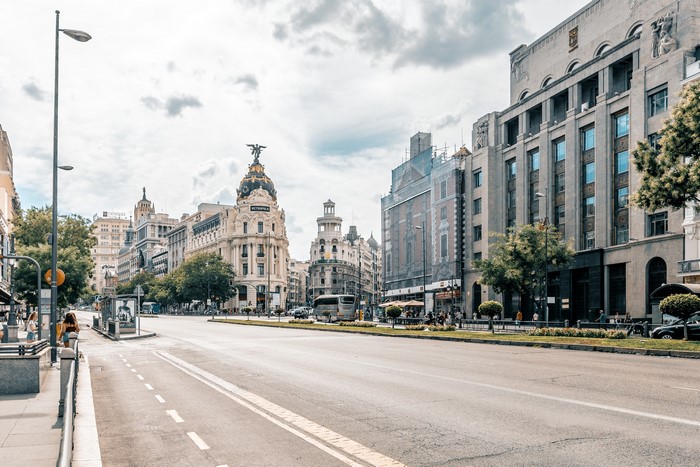 Madrid, Spain Street View with Metropolis Building