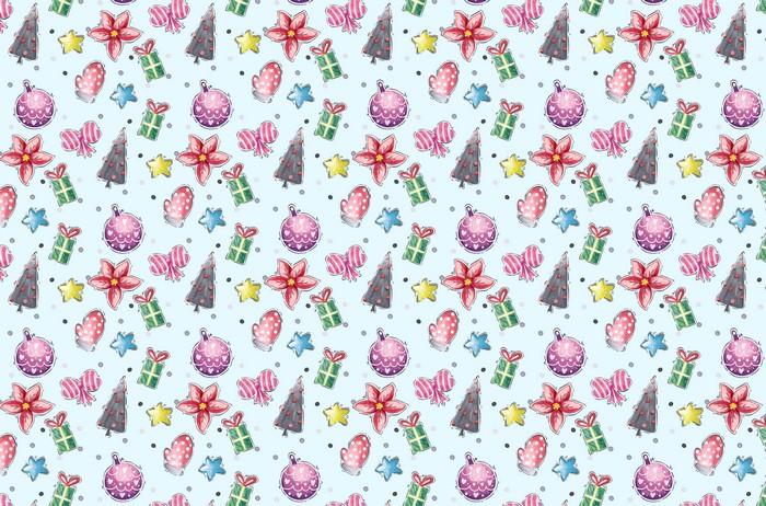 Christmas Pattern with Ornaments, Trees, and Gifts