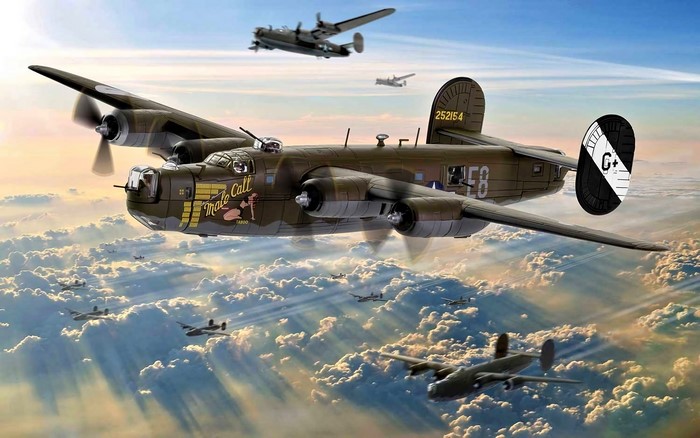 B-24 Liberator bombers flying in formation
