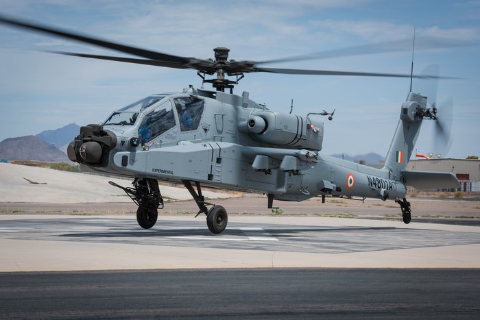 Indian Air Force AH-64 Apache helicopter on runway