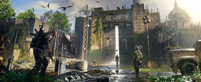 The Division 2 Dark Zone South Gate in Rain