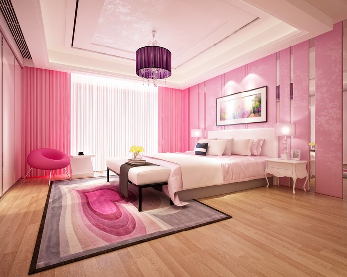 Pink Bedroom Interior Design with Bed and Chandelier