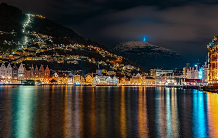 Bergen Nightscape with Illuminated Mountains and Bay