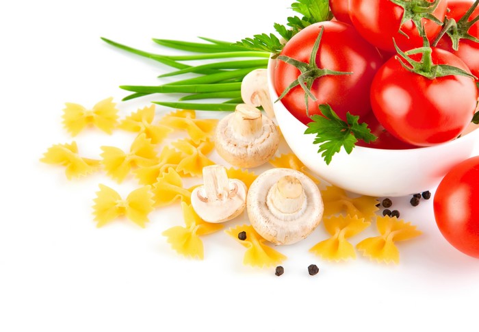 Tomatoes, Mushrooms, Farfalle Pasta, and Chives on White Background