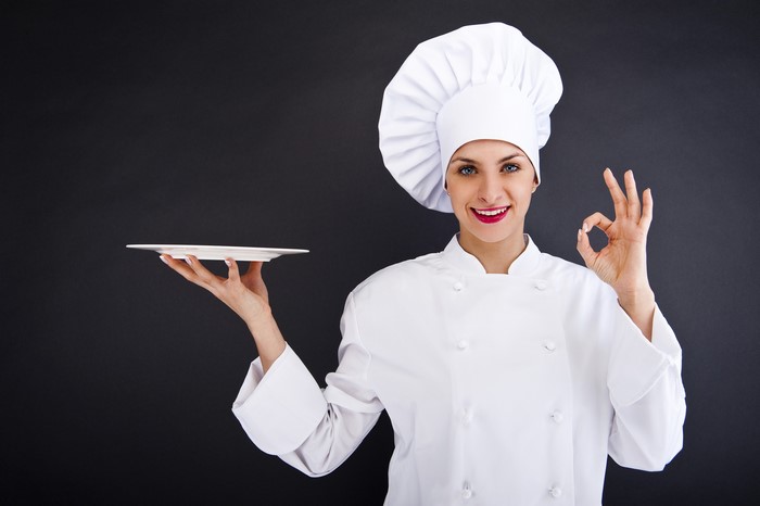 Chef holding a plate and showing OK sign