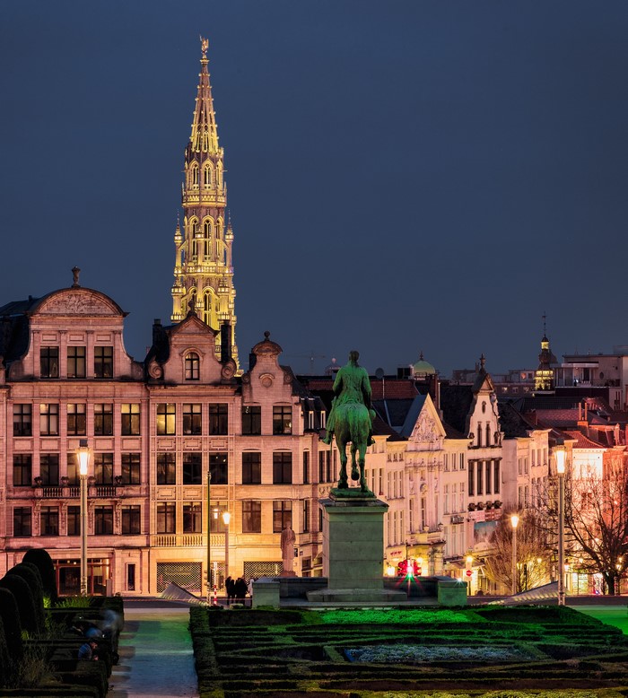 Grand Place Brussels at Dusk with Statue