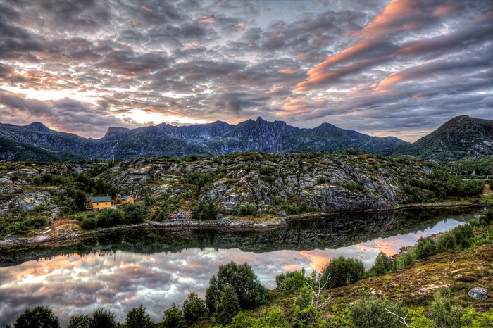 Mountains and lake at sunset in Nordland, Norway