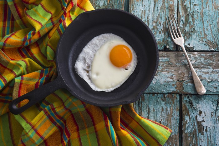 Fried egg in a frying pan with a fork