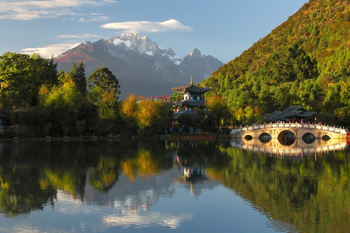 Jade Dragon Snow Mountain Pagoda and Bridge in China