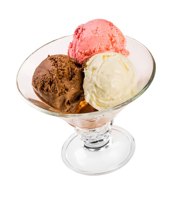 Three scoops of ice cream in a glass bowl