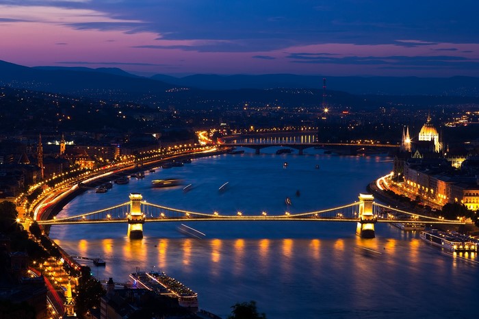 Budapest at night with Chain Bridge over Danube River