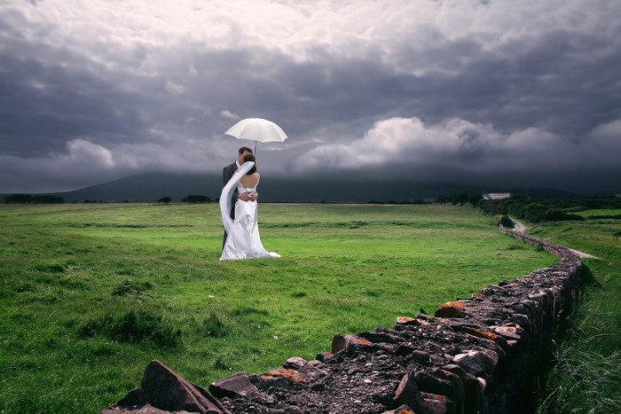 Wedding couple under umbrella in grasslands