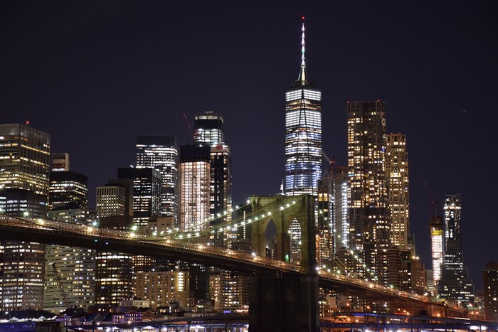 New York City Skyline with Brooklyn Bridge at Night