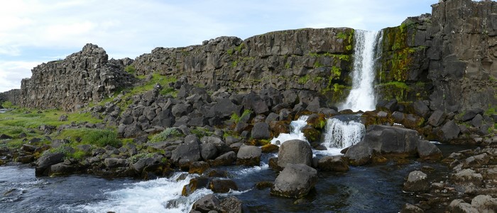 Waterfall and rocks in Thingvellir National Park, Iceland