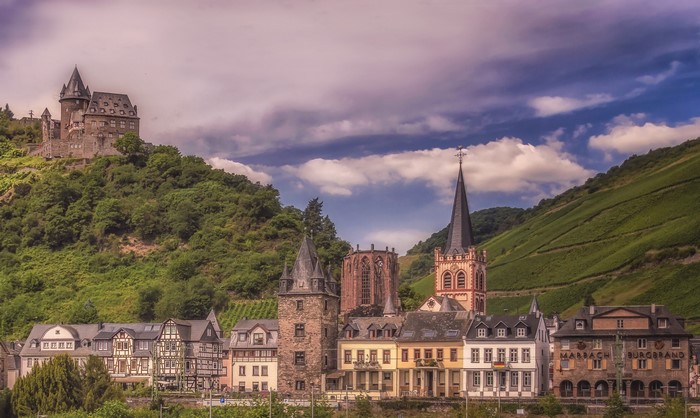 Castle and town on a hillside in Bacharach, Germany