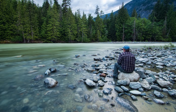 Man sitting by a river in a forest