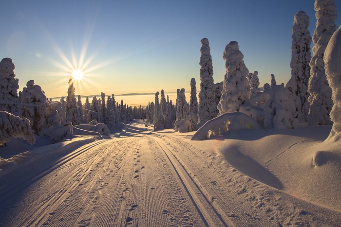 Sunrays over snowy road in Lapland, Finland