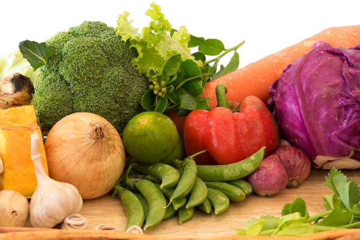 Vegetables: Bell pepper, Onion, Green peas, Garlic, Broccoli, Carrot, Red cabbage