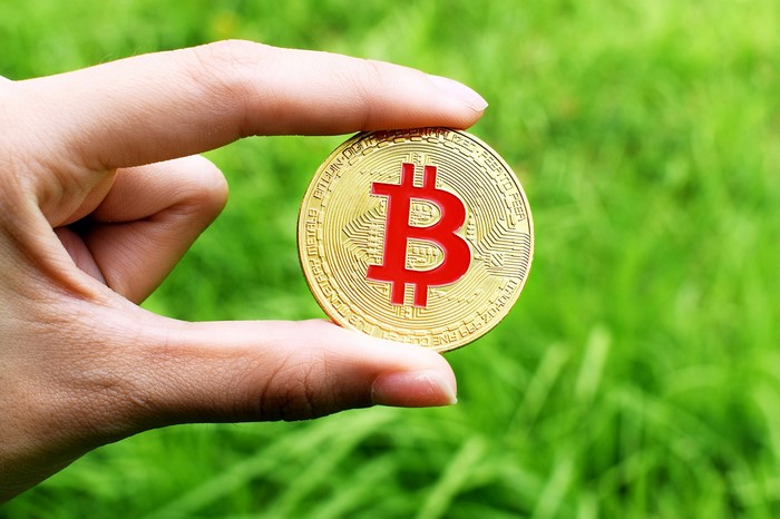 Hand holding a Bitcoin coin