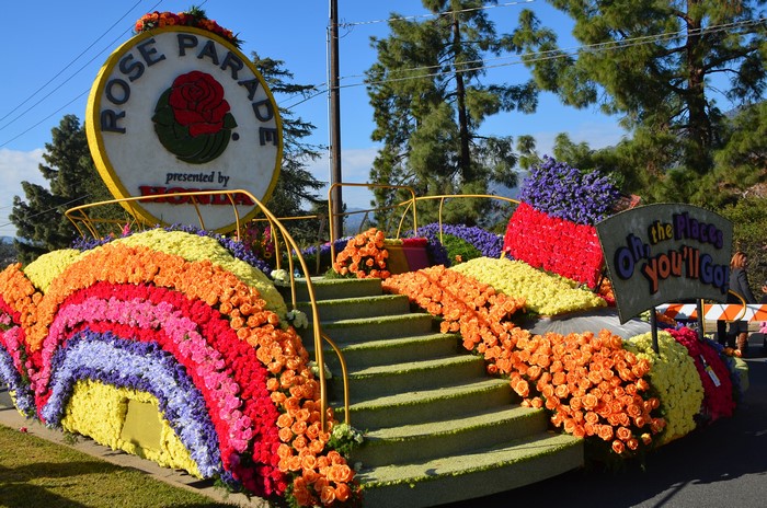 Rose Parade Float with "Oh, the Places You'll Go!" Sign