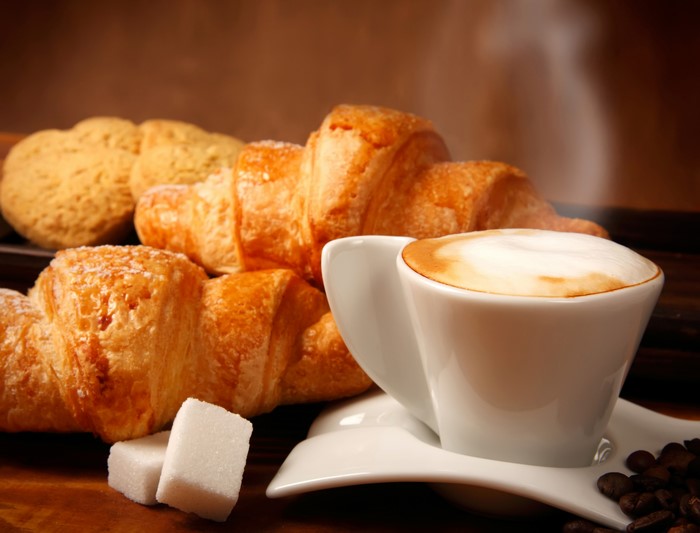 Cappuccino with Croissants and Sugar Cubes