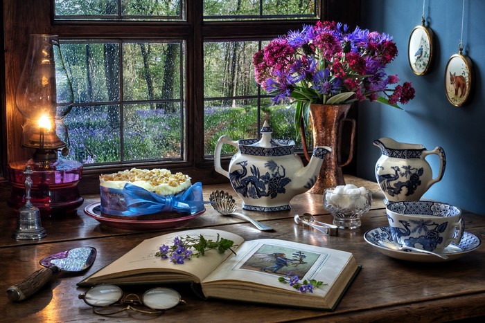 Cozy Still-life with Tea, Cake, and Flowers in 4K
