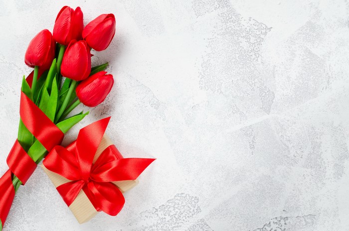 Red Tulips and Gift with Red Bow