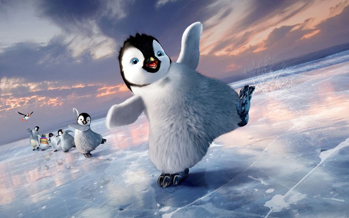Mumble and friends ice skating in Happy Feet