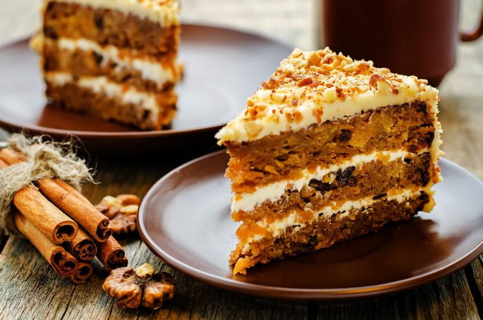 Carrot cake slice with nuts and cinnamon
