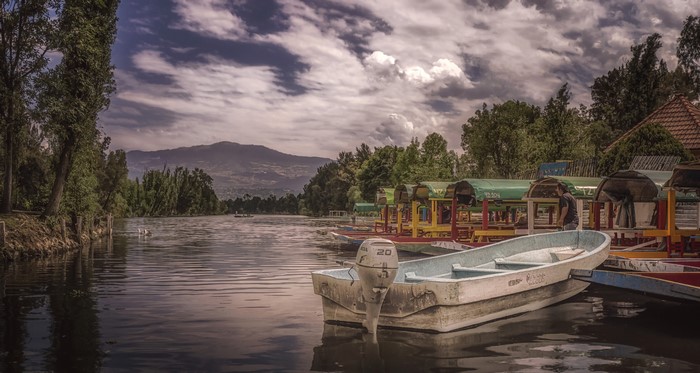 Boats docked on a river in Xochimilco, Mexico
