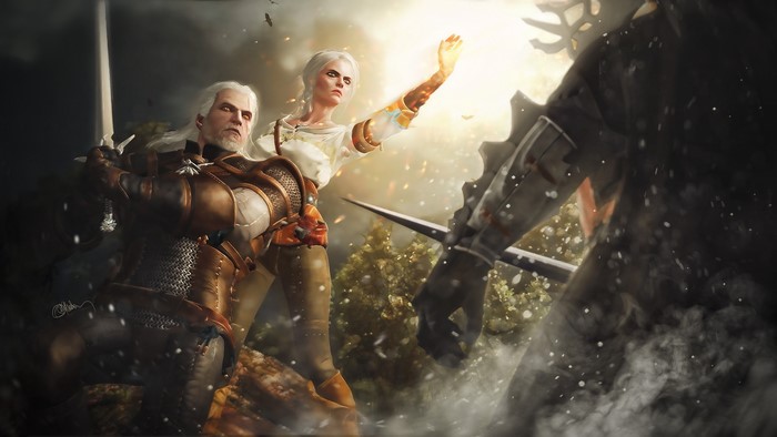 Geralt and Ciri from The Witcher 3 fighting