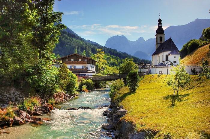 Church and river in Ramsau bei Berchtesgaden, Germany