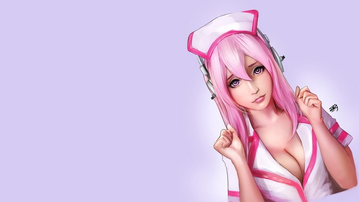 Anime nurse with pink hair and headphones