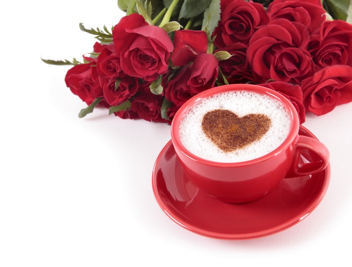 Red Roses and Cappuccino with Heart Art