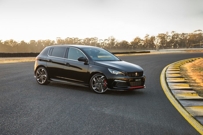 Black 2019 Peugeot 308 GTi Sport on a Racetrack
