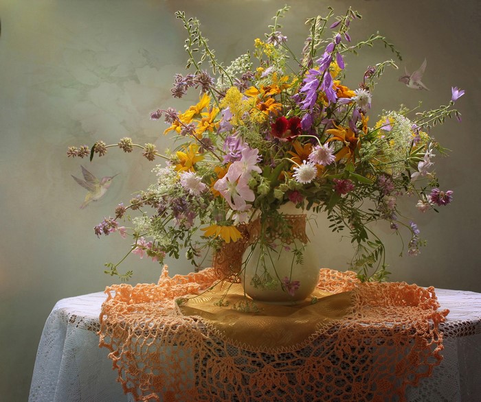 Still life with wildflowers and hummingbirds