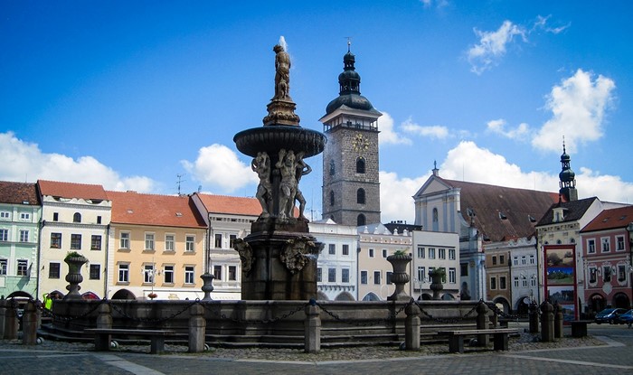 Fountain and historic buildings in Budweis, Czech Republic
