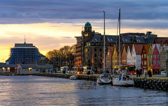Bergen harbor at sunset with colorful buildings and boats