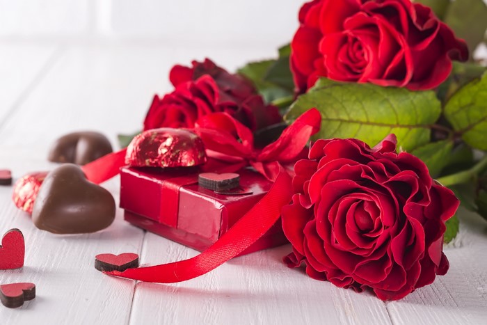 Red Roses, Chocolate Hearts, and Gift Box