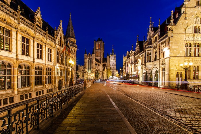 Ghent, Belgium at Night with Historic Buildings